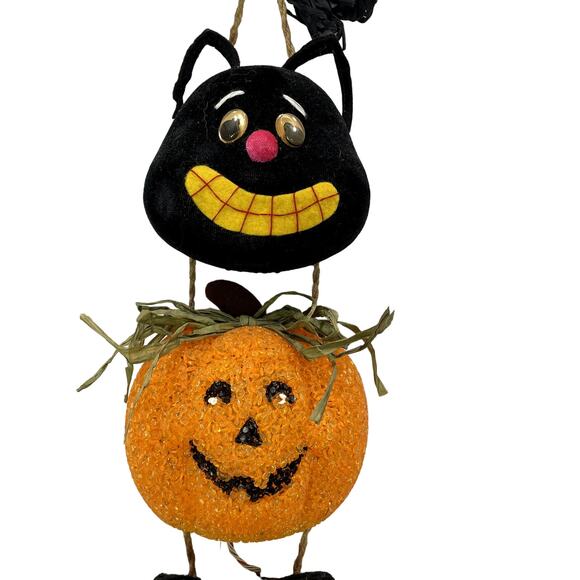 Halloween VTG Melted Plastic Popcorn Light Up Pumpkin Black Cat Wall Hanging - Picture 2 of 10
